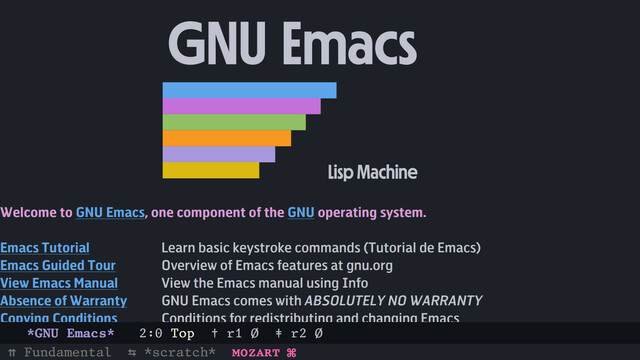 A screenshot of GNU Emacs is shown. It is the splash screen when Emacs starts with a medium-contrast dark theme. The top third features a large text that reads "GNU Emacs". Just below it is a series of colorful bars. To the bottom right of these colorful bars but still in the upper half of the screen is a text the reads, "Lisp Machine". It's not nearly as big as the "GNU Emacs" heading. 