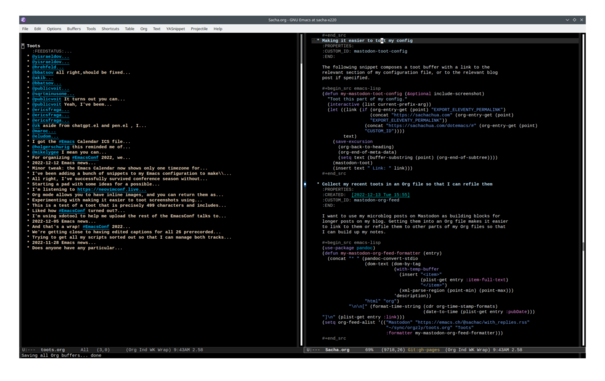 screenshot of Emacs showing the toots.org file generated by org-feed and a custom formatter
