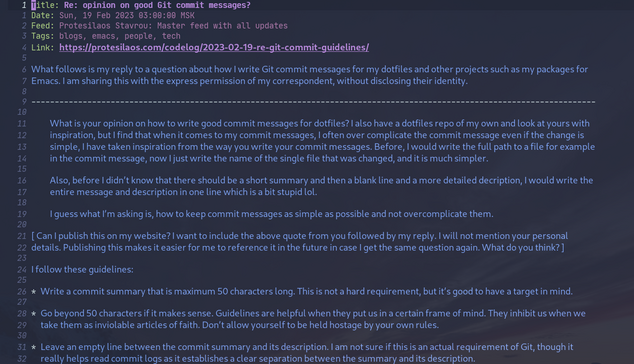 Elfeed entry by Protesilaos Stavrou, "Re: opinion on good Git commit messages?". 

Rendered with blue font color.
