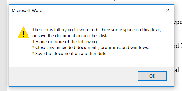The disk is full trying to write to C:.