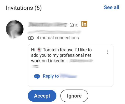 Non-personal message on LinkedIn. The person or robot clearly just taken my name as-is without reading it.