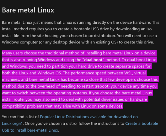 Microsoft documentation trying hard to keep you from running native Linux on your machine.