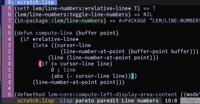 código de lisp en el editor lem; las líneas están marcadas con números relativos con la línea del punto en cero (0).