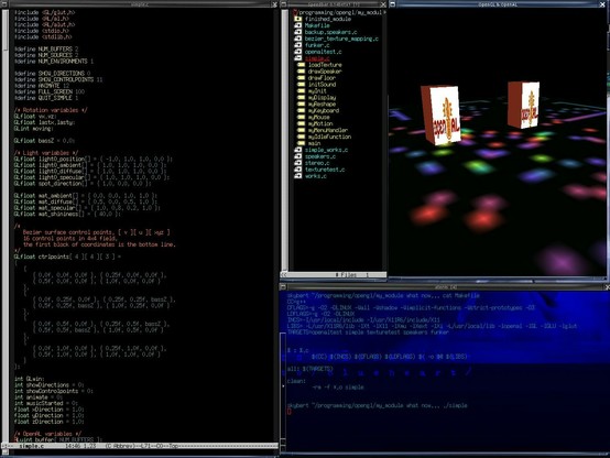 Emacs around 2001, showing a C program displaying OpenGL graphics and playing OpenAL sound.