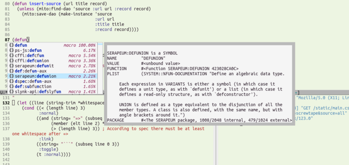 A screenshot of an Emacs session in a buffer with Common Lisp code. At point a company completion box is open with suggestions for CL functions and a company box next right to it showing the documentation of that function while still in the completion box.