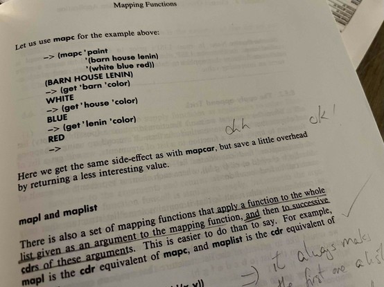 A foto of a part of the page 137 of the book "Common LISPcraft" with visible annotations by a former reader. In this example they say "ahh ok!" when the book talks about why use mapc instead of mapcar.