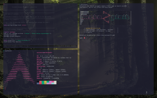 Translucent terminals showing Emacs and Metasploit. The wallpaper shining through all the terminals is of a forest road.