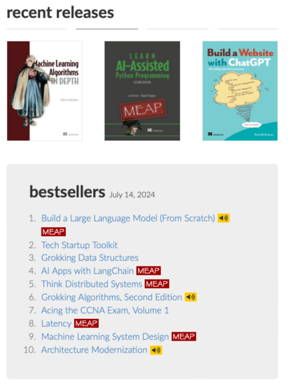 a partial screenshot from the website of Manning.com, showing the "recent releases" and "bestsellers" section with mostly AI related books like "Build a Website with ChatGPT", "Build a Large Language Model From Scratch", "AI Apps with LangChain" and so on.